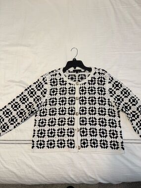 Ann Taylor Black and White Crochet Knit Button Cardigan, XL